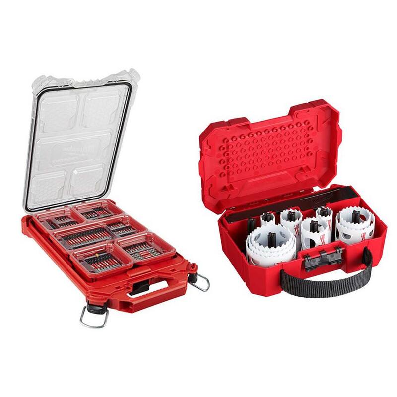 Juego de puntas para desarmador de impacto Milwaukee SHOCKWAVE de acero de aleación con estuche PACKOUT y set de sierra perforadora bimetálica Hole Dozer (117 piezas) - 48-32-4082-49-22-4029