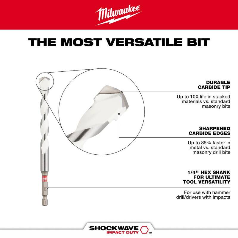 Milwaukee 1/4 pulg. x 12 pulg. Broca de carburo para taladro SHOCKWAVE de deber de impacto para materiales múltiples - 48-20-8887