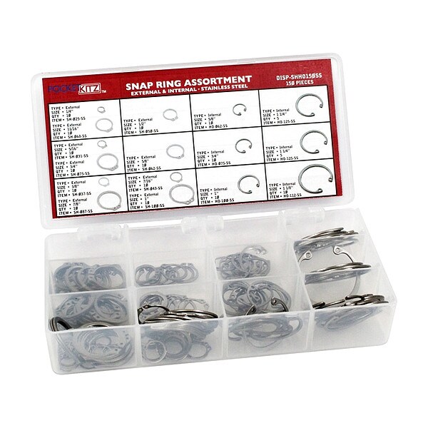 Zoro Select Ret Ring Ext/Int Assortment, Stainless Steel, Plain Finish, Not Applicable Bore Dia. - DISP-SHHO150SS