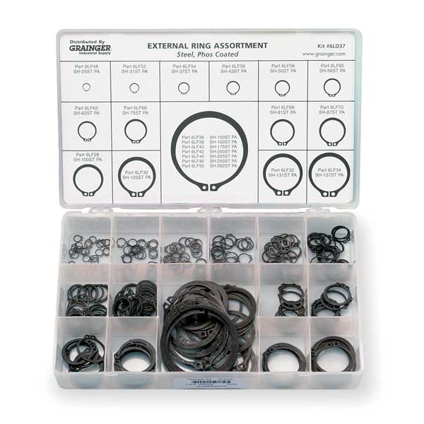 Zoro Select External Retaining Ring Assortment, Steel, Phosphate Finish, 21 Sizes - RCX25262STPA