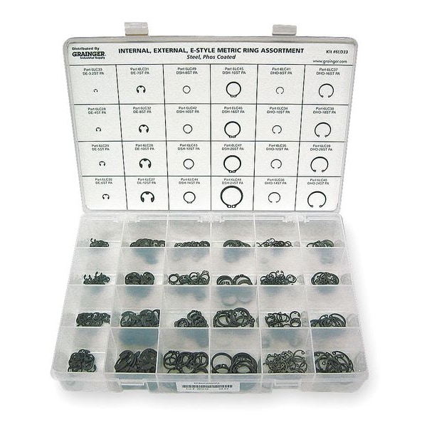 Zoro Select Internal and External Retaining Ring Assortment, Steel, Phosphate Finish, 24 Sizes - RCMIX324STPA
