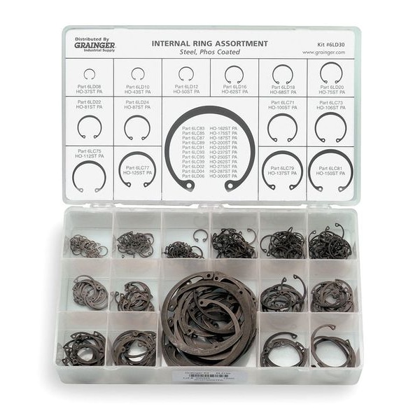 Zoro Select Internal Retaining Ring Assortment, Carbon Steel, Phosphate Finish, 12 Sizes - RCDHO824STPA