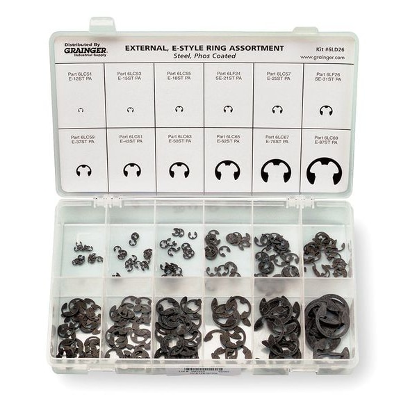 Zoro Select External Retaining Ring Assortment, Steel, Phosphate Finish, 255 Pieces, 12 Sizes - RCE1287STPA