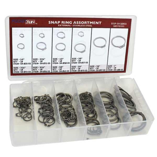 Huyett External Retaining Ring Assortment, Stainless Steel, 100 Pieces, 10 Sizes - DISP-SH100SS