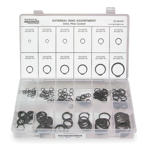 Zoro Select External Retaining Ring Assortment, Steel, Phosphate Finish, 12 Sizes - RCX25125STPA