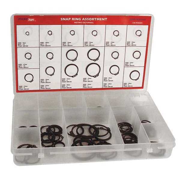 Huyett External Retaining Ring Assortment, Carbon Spring Steel, Phosphate Finish, 150 Pieces, 18 Sizes - DISP-DSH150