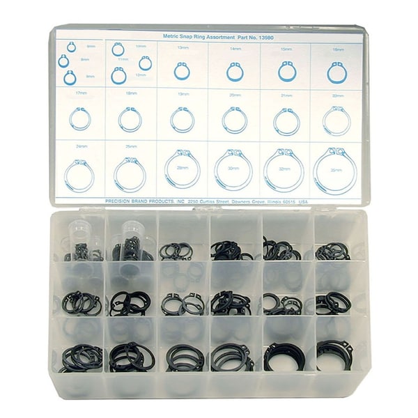 Precision Brand External Retaining Ring Assortment, Spring Steel, Black Phosphate Finish, 295 Pieces, 22 Sizes - 13980