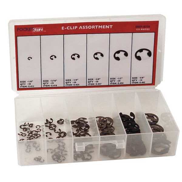 Rotor Clip External Retaining Ring Assortment, Carbon Steel, Phosphate Finish, 6 Sizes - DISP-E125