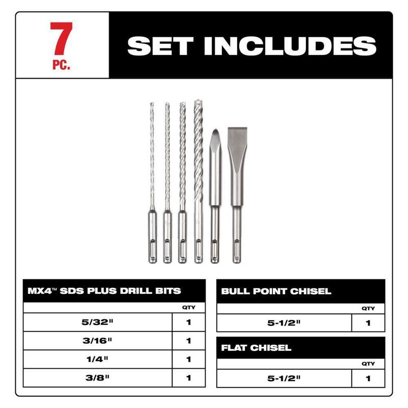 Brocas de carburo SDS Plus de 4 cortes de Milwaukee con cincel plano y de punta de buey con juego de brocas para martillo de carburo SHOCKWAVE (16 piezas) - 48-20-7662-48-20-9058