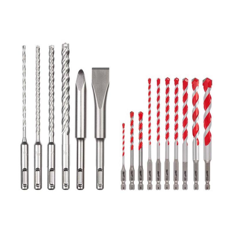 Brocas de carburo SDS Plus de 4 cortes de Milwaukee con cincel plano y de punta de buey con juego de brocas para martillo de carburo SHOCKWAVE (16 piezas) - 48-20-7662-48-20-9058
