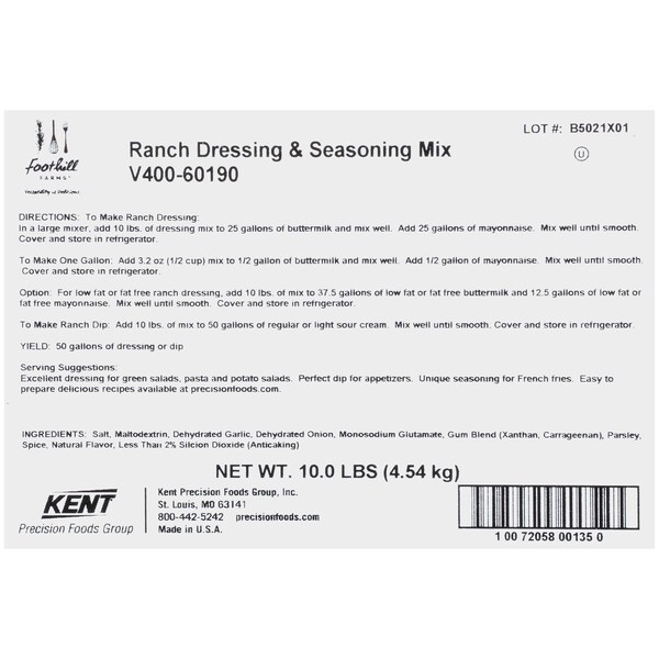 Foothill Farms Ranch Gluten Free Shelf Stable Dressing Mix 10lbs - V400-60190