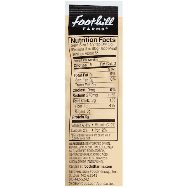 Foothill Farms Premium Reduced Sodium No MSG Taco Seasoning Mix 9 oz. Packet, PK6 - V411-D9190