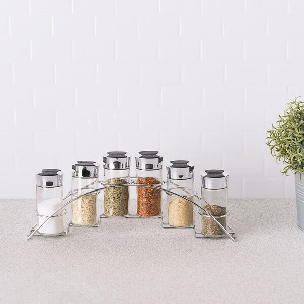 Hds Trading Half Moon Steel Seasoning and Herbs Organizing Spice Rack w6 Empty Glass Spice Jars, Chrome - ZOR95988