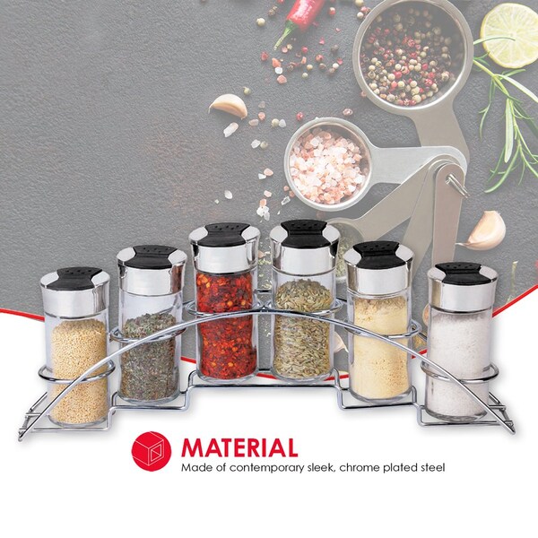 Hds Trading Half Moon Steel Seasoning and Herbs Organizing Spice Rack w6 Empty Glass Spice Jars, Chrome - ZOR95988