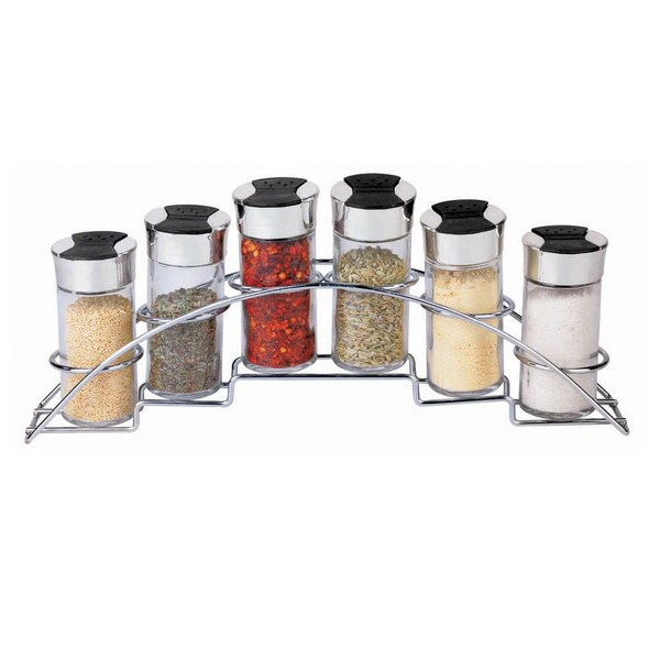 Hds Trading Half Moon Steel Seasoning and Herbs Organizing Spice Rack w6 Empty Glass Spice Jars, Chrome - ZOR95988