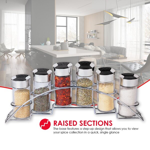 Hds Trading Half Moon Steel Seasoning and Herbs Organizing Spice Rack w6 Empty Glass Spice Jars, Chrome - ZOR95988