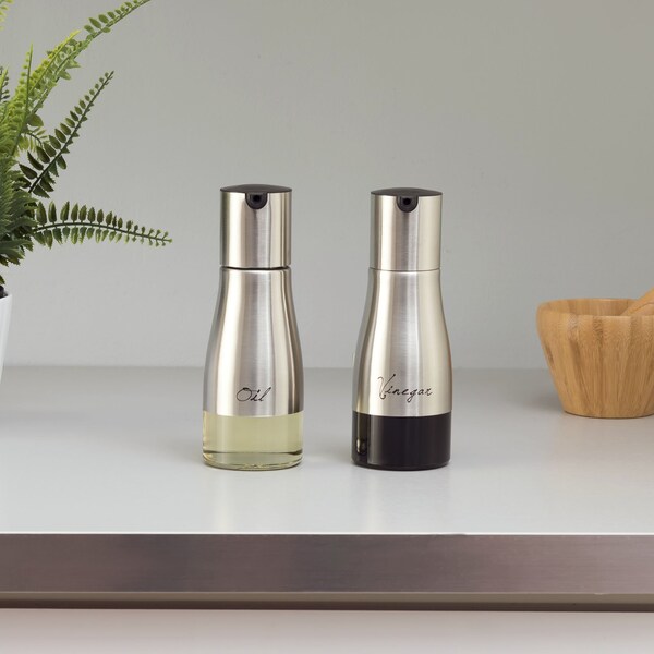Hds Trading 2Piece 85 oz Oil and Vinegar Set with SeeThrough Glass Base, Silver - ZOR95899