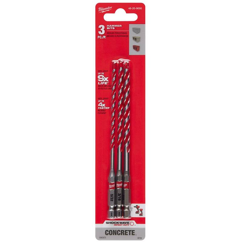 Juego de brocas para taladro de martillo de carburo SHOCKWAVE de Milwaukee (3 piezas) para concreto, piedra y perforación en albañilería - 48-20-9050