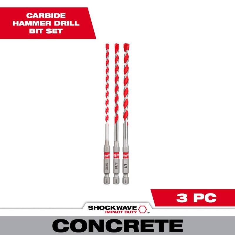 Juego de brocas para taladro de martillo de carburo SHOCKWAVE de Milwaukee (3 piezas) para concreto, piedra y perforación en albañilería - 48-20-9050