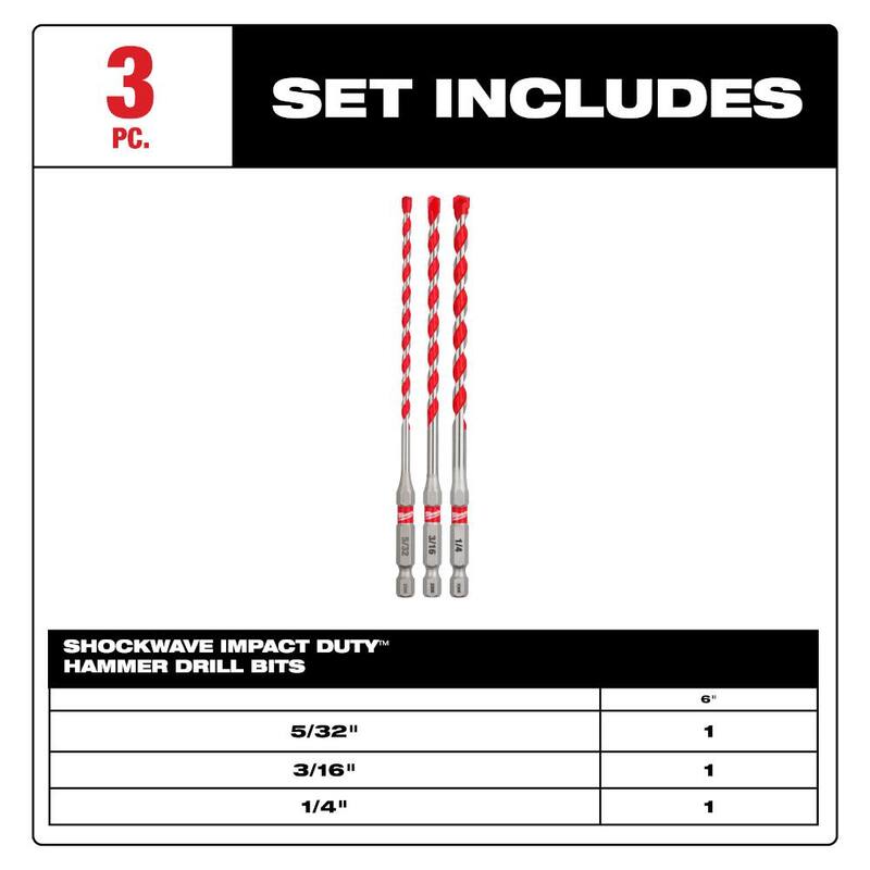 Juego de brocas para taladro de martillo de carburo SHOCKWAVE de Milwaukee (3 piezas) para concreto, piedra y perforación en albañilería - 48-20-9050