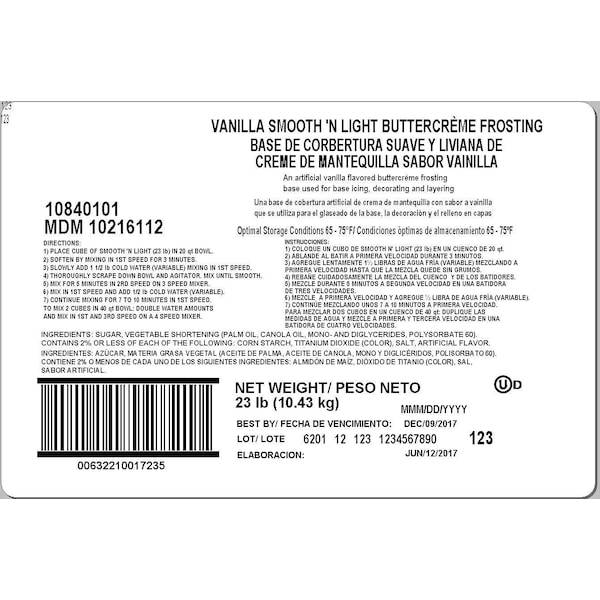 Brill Smooth & Light Buttercreme Icing Vanilla 23lbs - 10216112