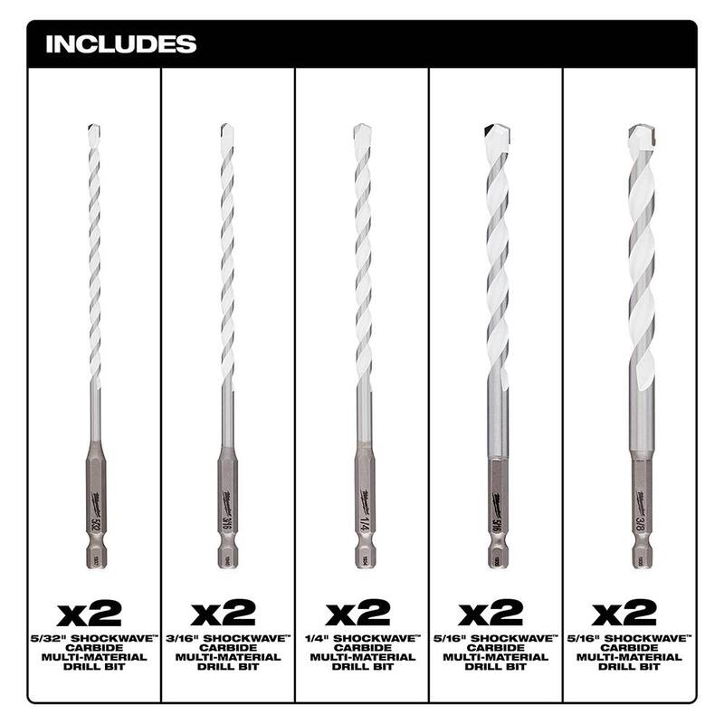 Set de brocas para mampostería Milwaukee SHOCKWAVE Carbide Multi-Material (paquete de 10) - 48-20-8898-48-20-8898