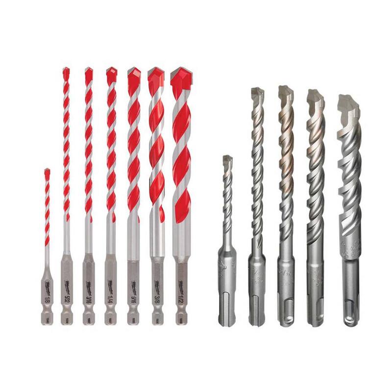 Paquete de brocas de carburo para taladro de percusión Milwaukee SHOCKWAVE para concreto/piedra y Set de brocas de carburo para taladro de percusión SDS-PLUS de 2 cortes (12 piezas) - 48-20-9057-48-20-7490