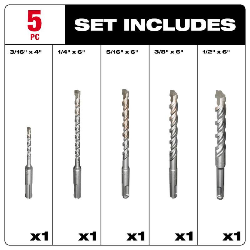 Paquete de brocas de carburo para taladro de percusión Milwaukee SHOCKWAVE para concreto/piedra y Set de brocas de carburo para taladro de percusión SDS-PLUS de 2 cortes (12 piezas) - 48-20-9057-48-20-7490
