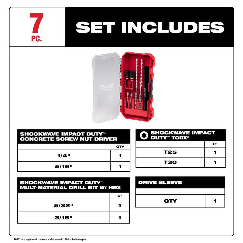 Kit de instalación de tornillos de concreto multi-material de impacto Milwaukee SHOCKWAVE (7 piezas) - 48-20-8877