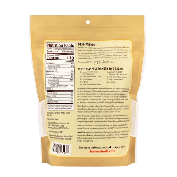 Bobs Red Mill Natural Foods Bob's Red Mill Organic Dark Rye Flour 20 oz. Pouches, PK4 - 1476S204