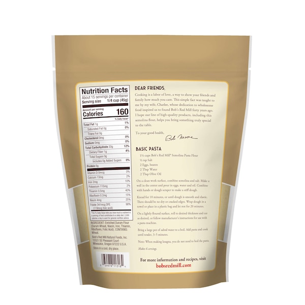 Bobs Red Mill Natural Foods Bob's Red Mill Semolina Flour 24 oz. Resealable Pouches, PK4 - 1495S244