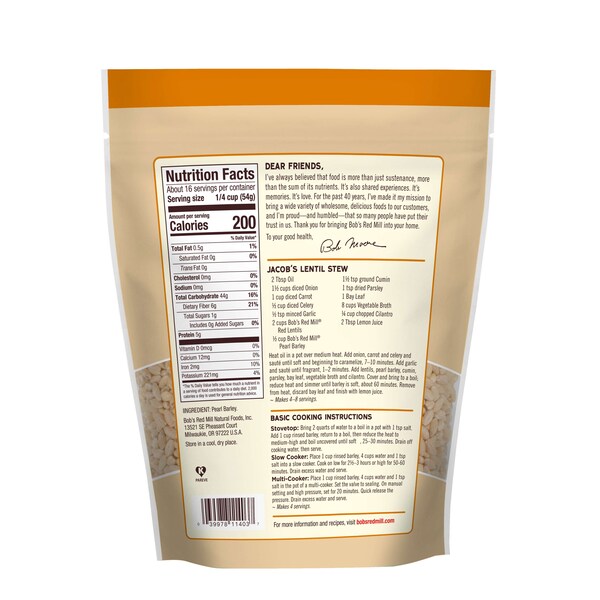 Bobs Red Mill Natural Foods Bob's Red Mill Pearl Barley 30 oz. Resealable Pouches, PK4 - 1070S304