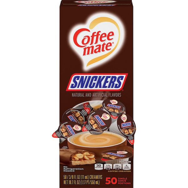 Coffee Mate Creamer, Snickers, Single-Serve, 3/8 fl oz, Brown, PK 50 - NES61425