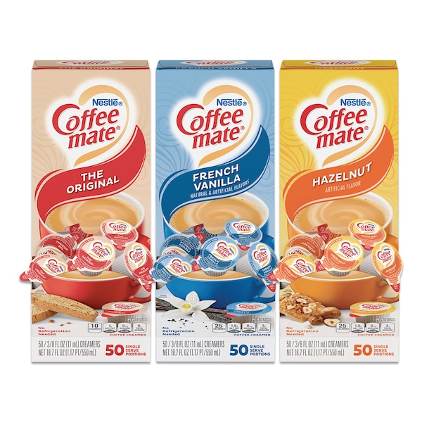 Coffee Mate Liquid Coffee Creamer, French Vanilla/Hazelnut/Orig, 0.38oz Cup, PK150 - 46193CT