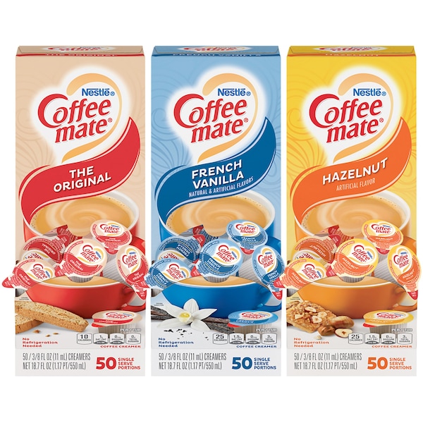 Coffee Mate Liquid Creamers, 3 Flavors, 0.38 oz Singles, 150/CT, PK 3 - NES46193