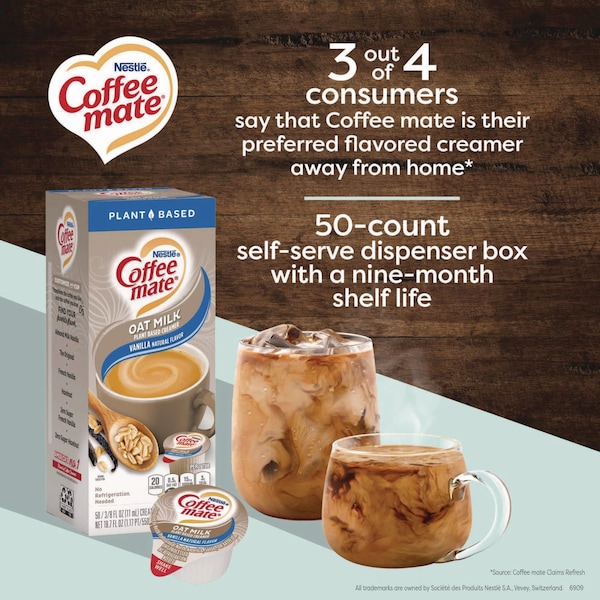 Coffee Mate Plant-Based Oat Milk Liquid Creamers, Natural Vanilla, 0.38 oz Mini Cups, 50PK - 12536842