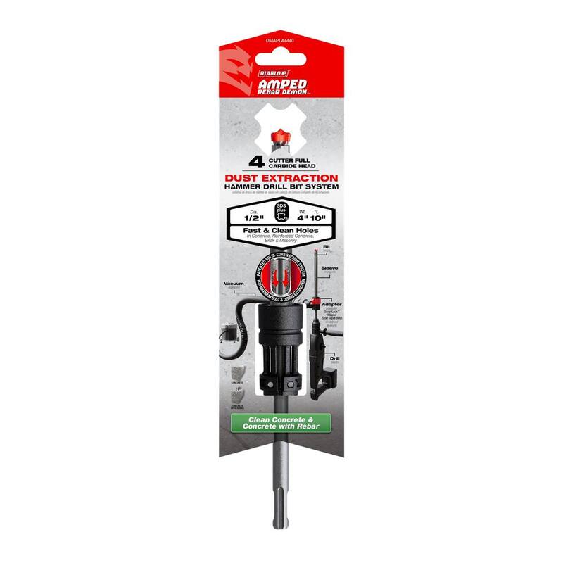 DIABLO AMPED Rebar Demon 1/2 pulg. x 4 pulg. x 10 pulg. Broca de martillo con extracción de polvo, cabeza de carburo completo de 4 filos, SDS-Plus - DMAPLA4440