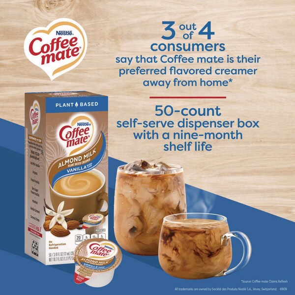 Coffee Mate Plant-Based Almond Milk Non-Dairy Liquid Creamer Singles, Natural Vanilla, 0.38 oz Tubs, 200PK - 12461537