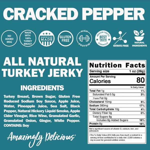 Field Trip Turkey Jerky, Cracked Pepper Turkey, 1 oz Bag, 12PK - FLD00508