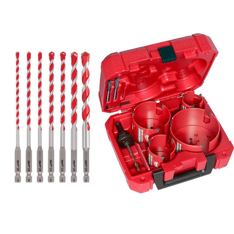 Kit de brocas para taladro de martillo de carburo SHOCKWAVE de Milwaukee con kit de sierra de agujero de carburo BIG HAWG (15 piezas) - 48-20-9052-49-56-9285