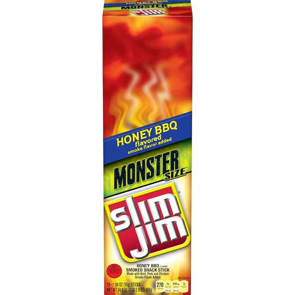 Slim Jim Monster Honey Barbecue Flavored Smoked Meat Snack Sticks 1.94oz., PK108 - 2620014041