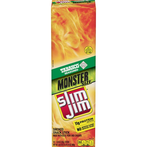 Slim Jim Monster Tabasco Flavored Smoked Meat Snack Sticks 1.94 oz., PK108 - 2620014051