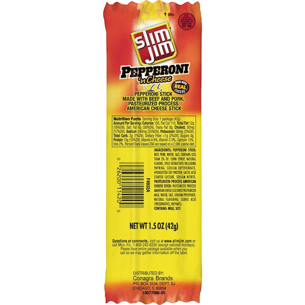 Slim Jim Slim Jim Pepperoni 'N Cheese Snack Sticks 1.5 oz. Sticks, PK108 - 2620011420