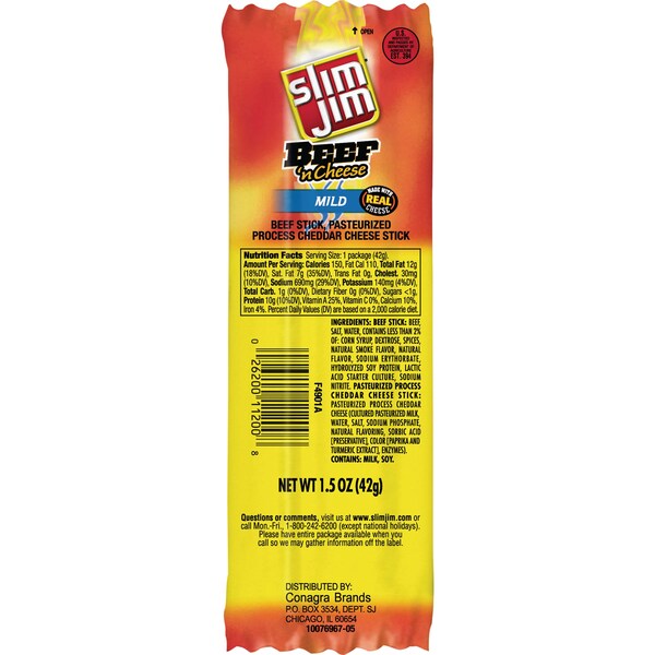 Slim Jim Slim Jim Beef And Cheese Snack Sticks 1.5 oz. Sticks, PK108 - 2620011200