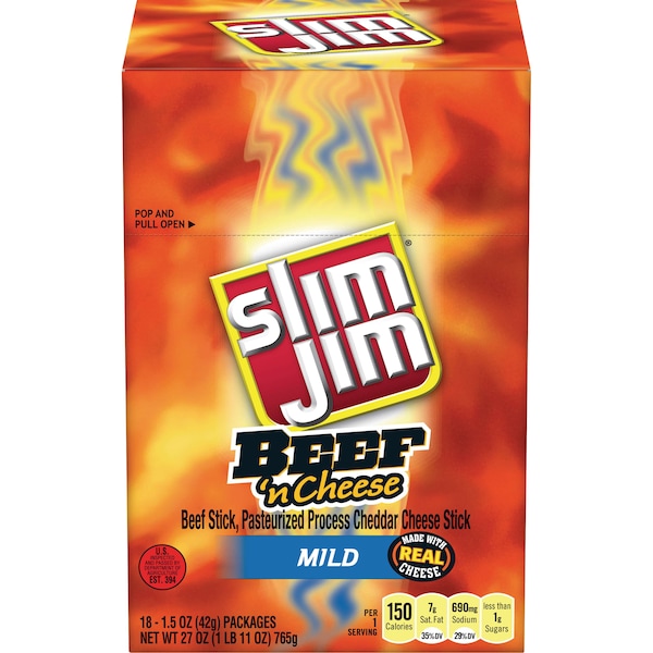 Slim Jim Slim Jim Beef And Cheese Snack Sticks 1.5 oz. Sticks, PK108 - 2620011200