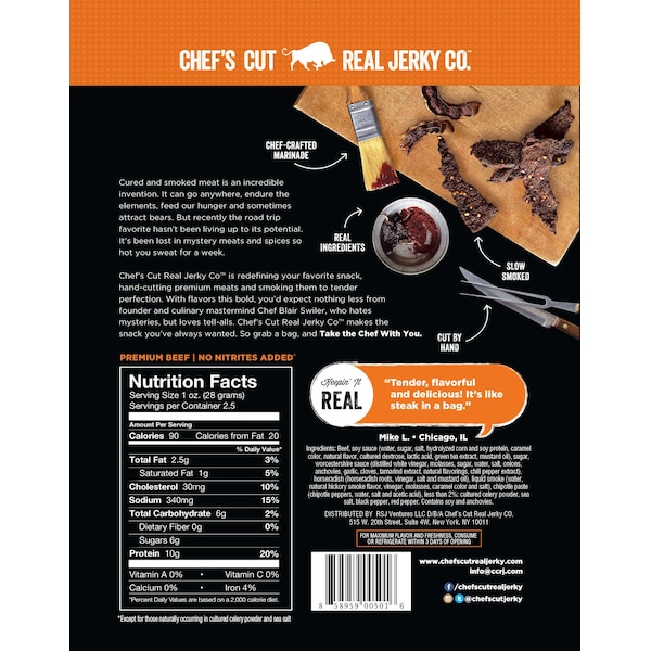 Chefs Cut Real Jerky Co Smoked Beef Chipotle Cracked Pepper 2.5 oz., PK8 - 5010
