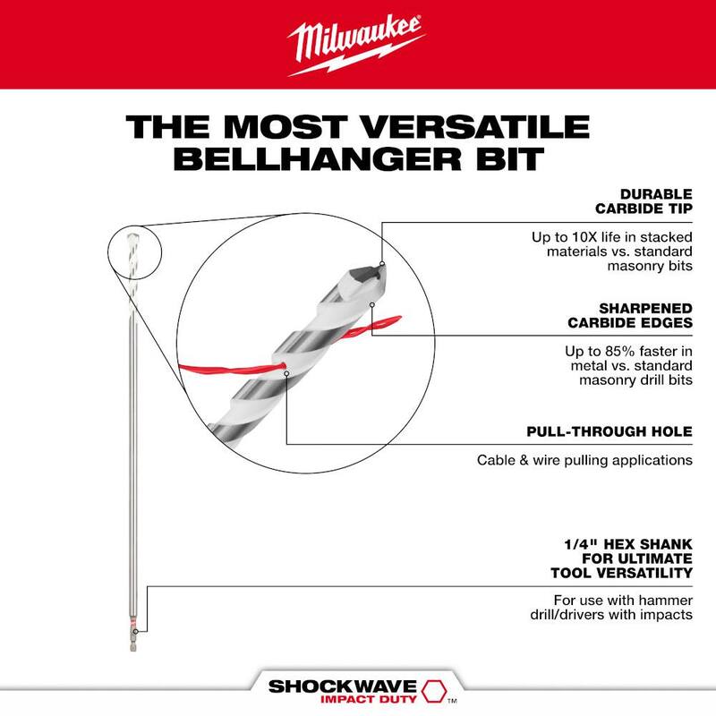 Milwaukee 1/2 pulg. x 16 pulg. SHOCKWAVE Impact Duty Carbide Bellhanger Multi-Material Bit - 48-20-8866