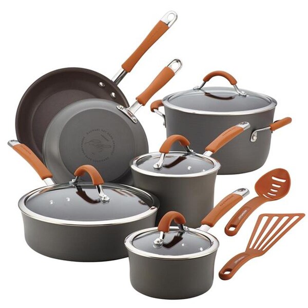 Rachael Ray Cucina Hard-Anodized Nonstick Cookware Set, Gray With Pumpkin Orange Handles, 12PK - 87635
