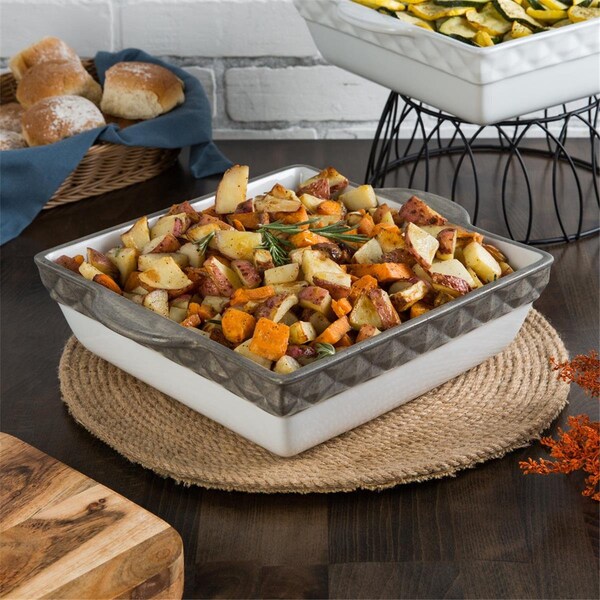 Tuxton China Tuxton  3 qt. Porcelain White Embossed Square Casserole - Black Truffle Band - EAF-401