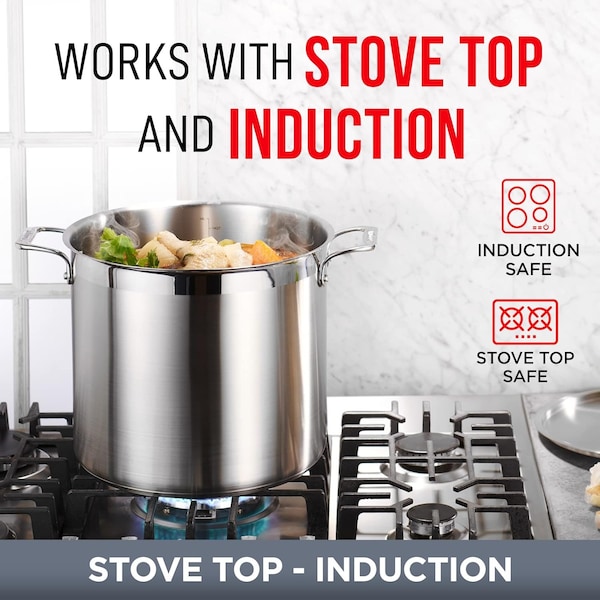 Bakken-Swiss 5QT Stockpot, Brushed Stainless Steel, Induction-Ready, Lid and Riveted Handles, Heavy Duty - BAKSTQ5